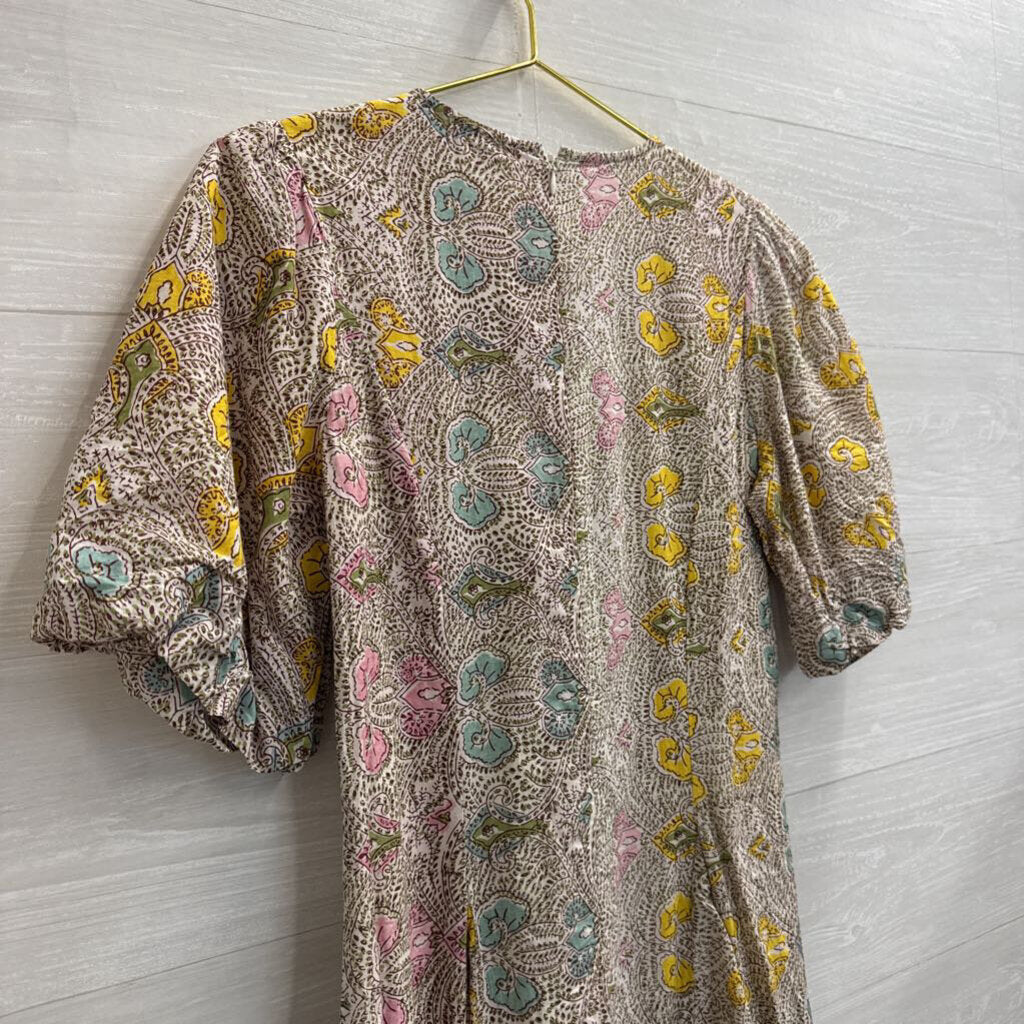 Anna Cate White/ Brown/ Multi Print Short Puff Sleeve Maxi Dress Extra Small