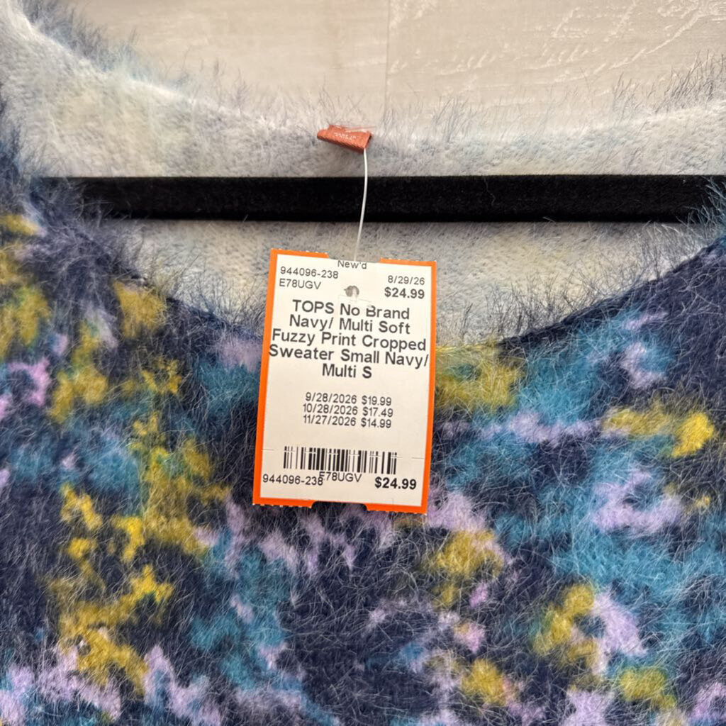 Navy/ Multi Soft Fuzzy Print Cropped Sweater Small