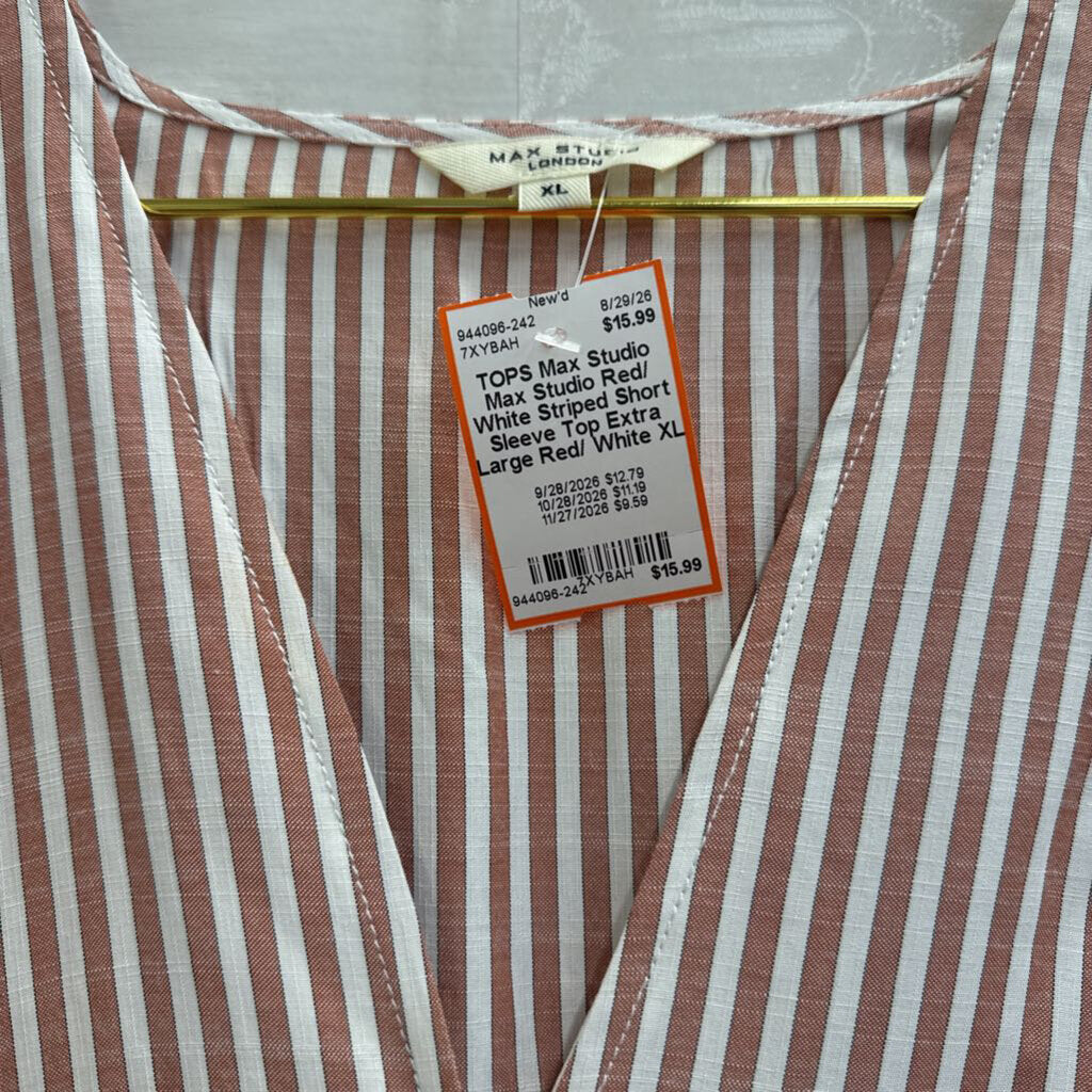 Max Studio Red/ White Striped Short Sleeve Top Extra Large