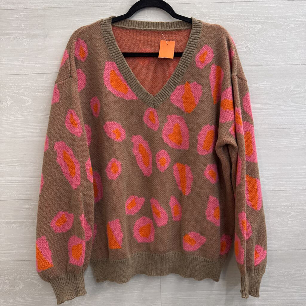 Brown/ Pink Print Knit Long Sleeve Sweater Top Large
