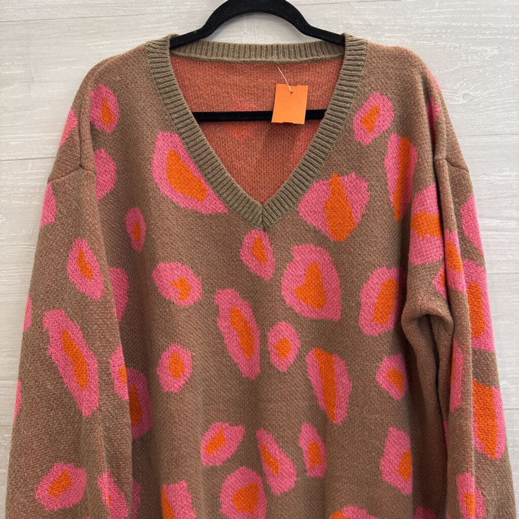 Brown/ Pink Print Knit Long Sleeve Sweater Top Large