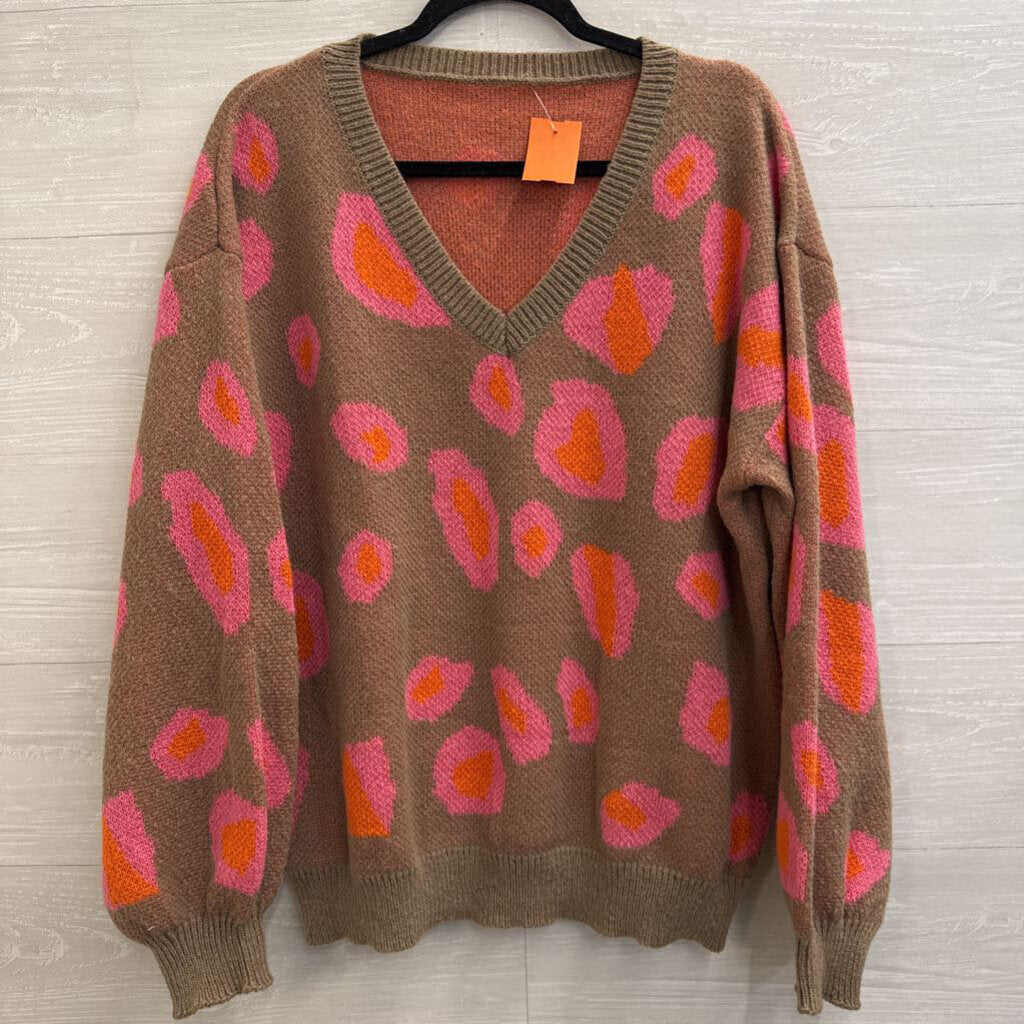 Brown/ Pink Print Knit Long Sleeve Sweater Top Large