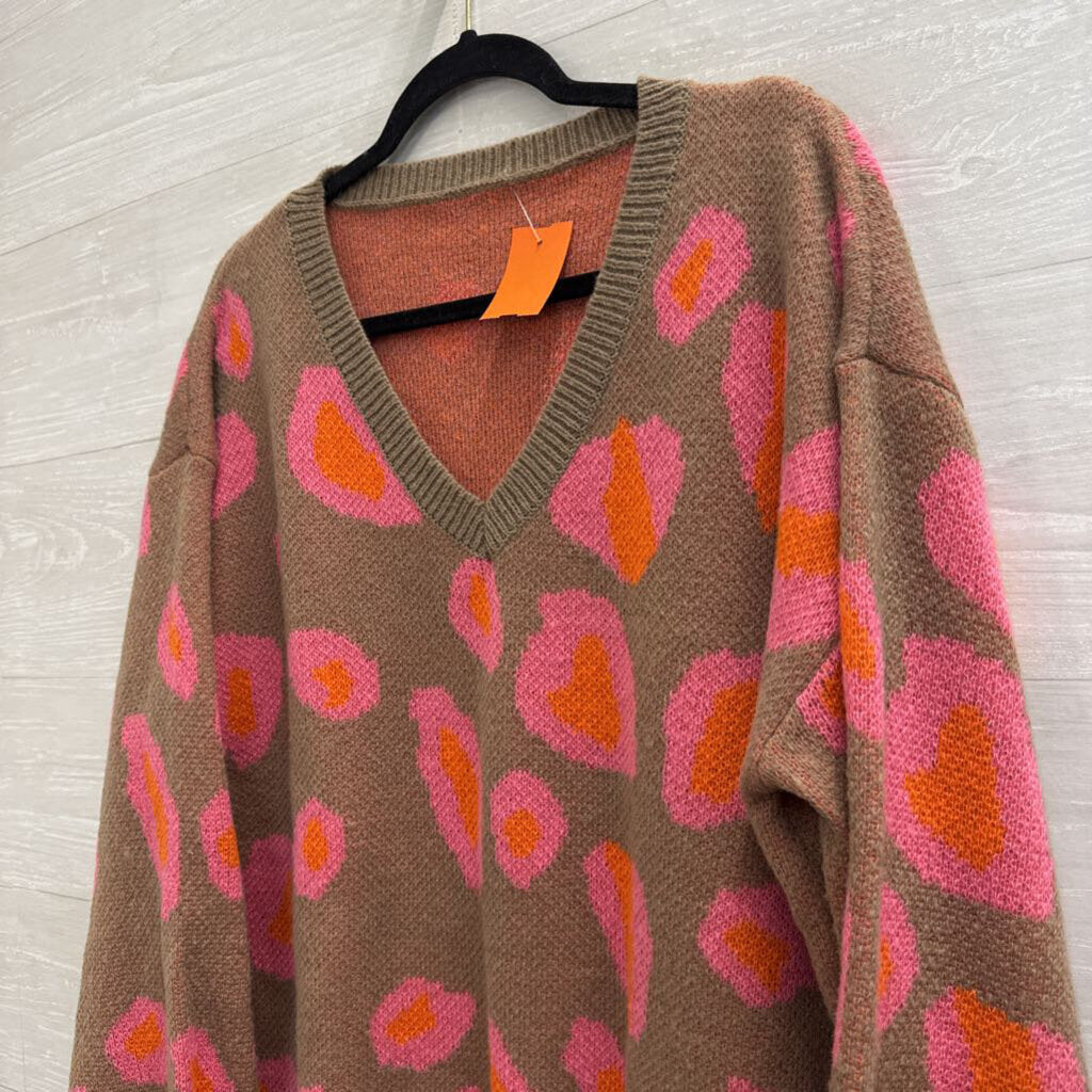 Brown/ Pink Print Knit Long Sleeve Sweater Top Large