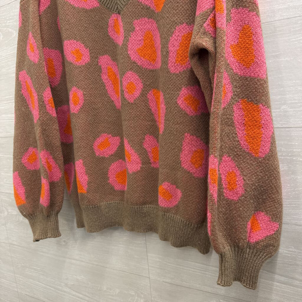 Brown/ Pink Print Knit Long Sleeve Sweater Top Large