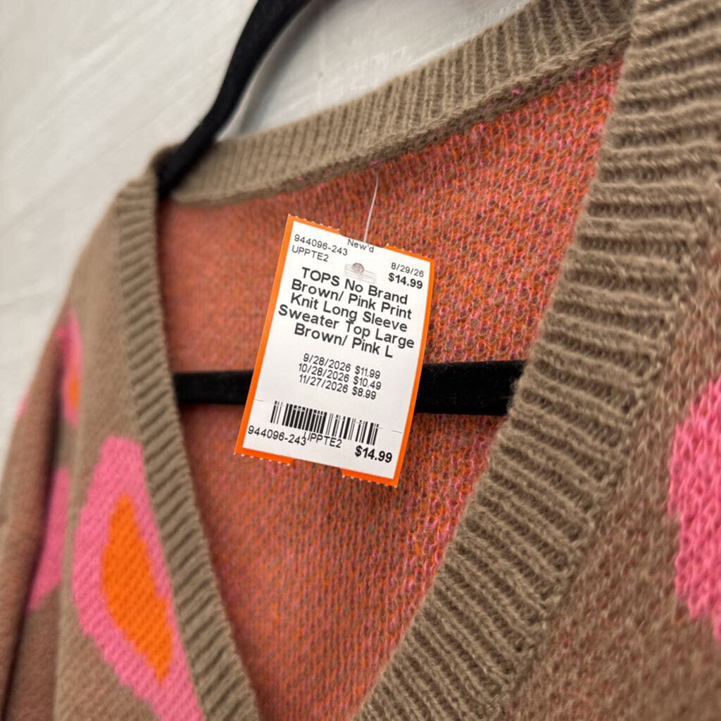 Brown/ Pink Print Knit Long Sleeve Sweater Top Large
