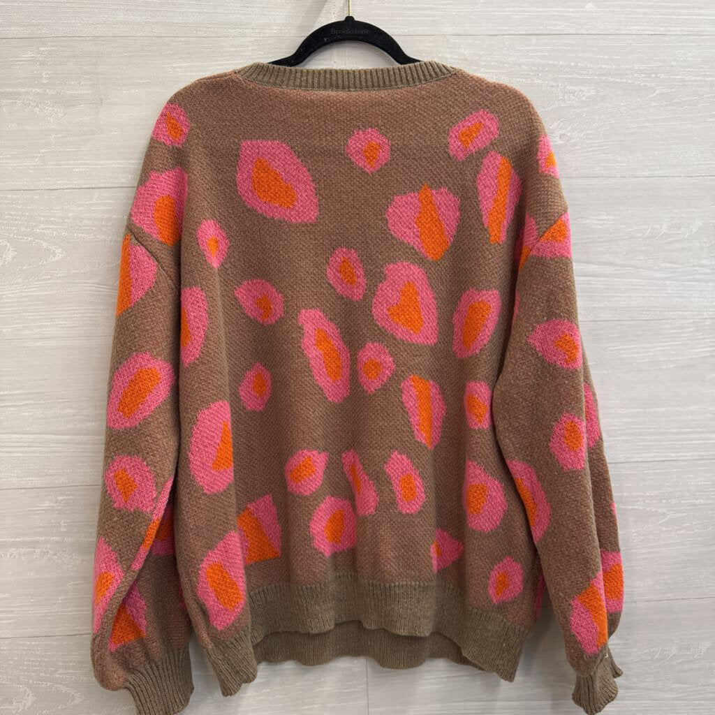 Brown/ Pink Print Knit Long Sleeve Sweater Top Large