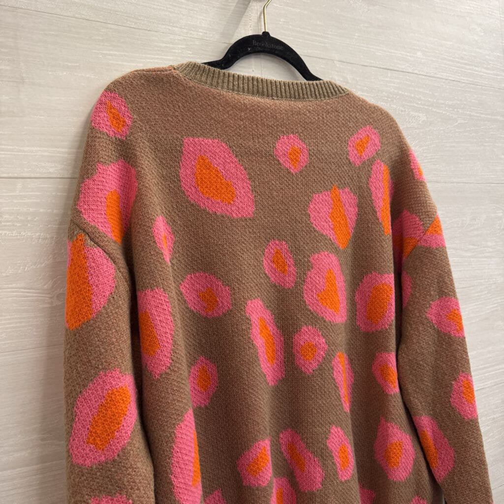 Brown/ Pink Print Knit Long Sleeve Sweater Top Large