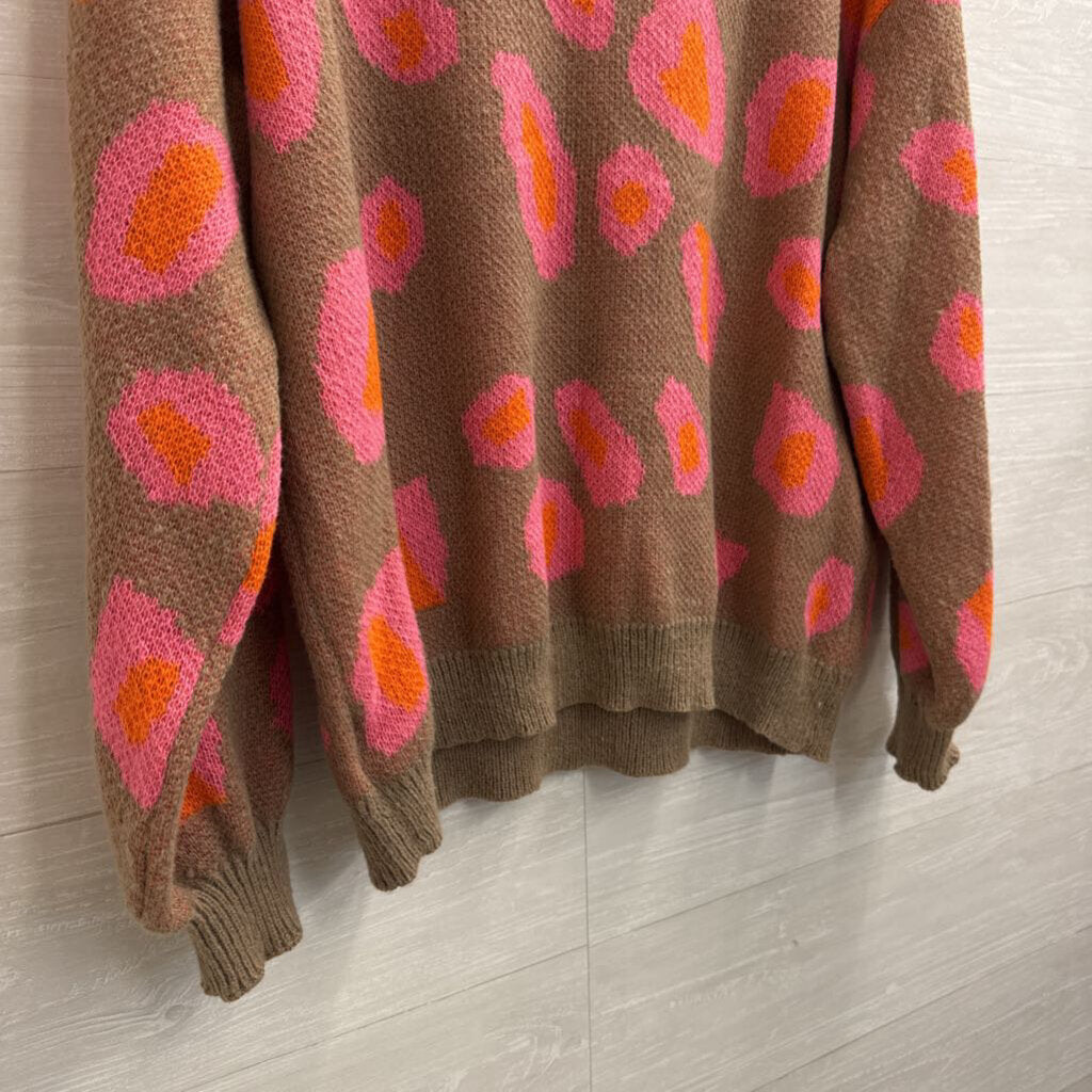 Brown/ Pink Print Knit Long Sleeve Sweater Top Large
