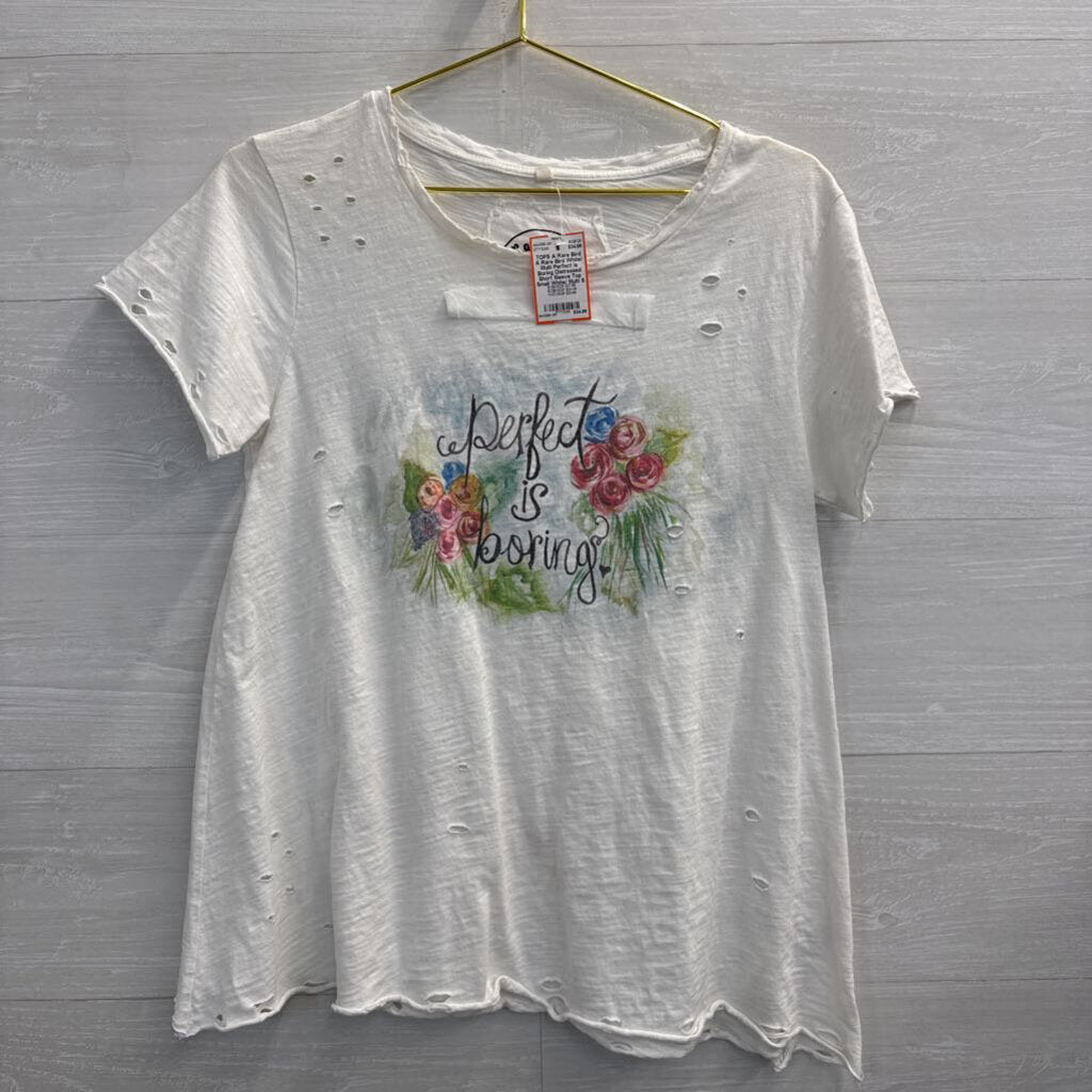 A Rare Bird White/ Multi Perfect Is Boring Distressed Short Sleeve Top Small