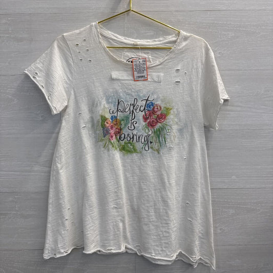 A Rare Bird White/ Multi Perfect Is Boring Distressed Short Sleeve Top Small