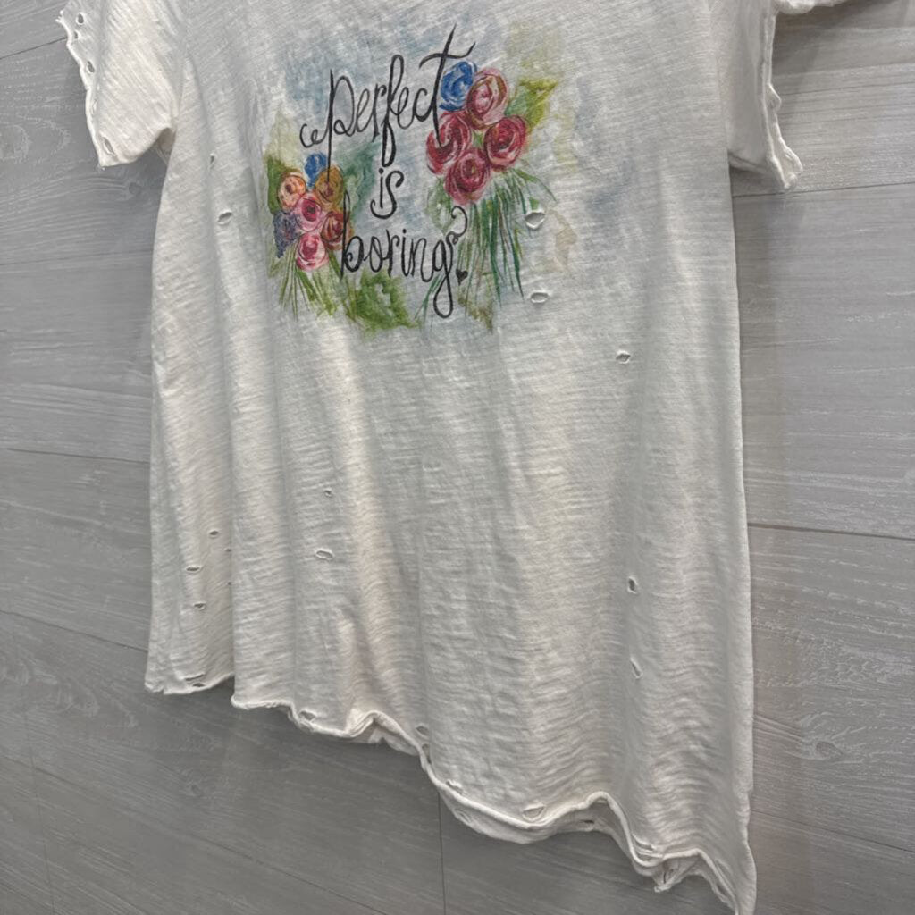 A Rare Bird White/ Multi Perfect Is Boring Distressed Short Sleeve Top Small