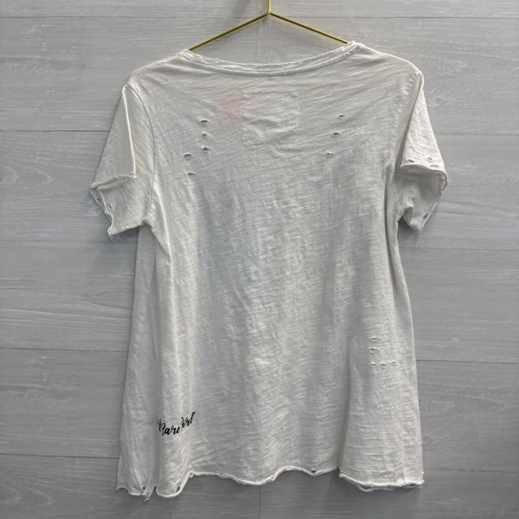 A Rare Bird White/ Multi Perfect Is Boring Distressed Short Sleeve Top Small