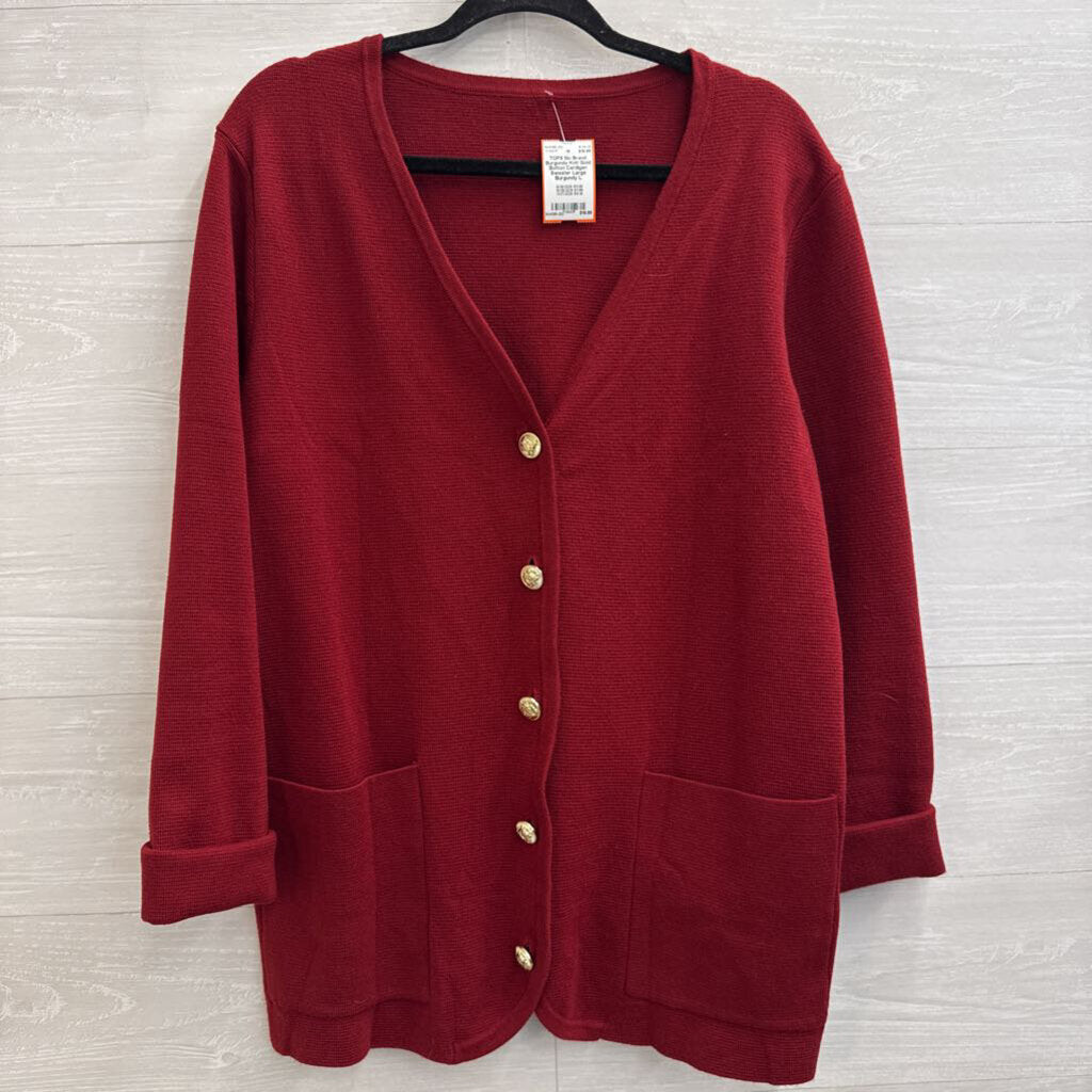 Burgundy Knit Gold Button Cardigan Sweater Large