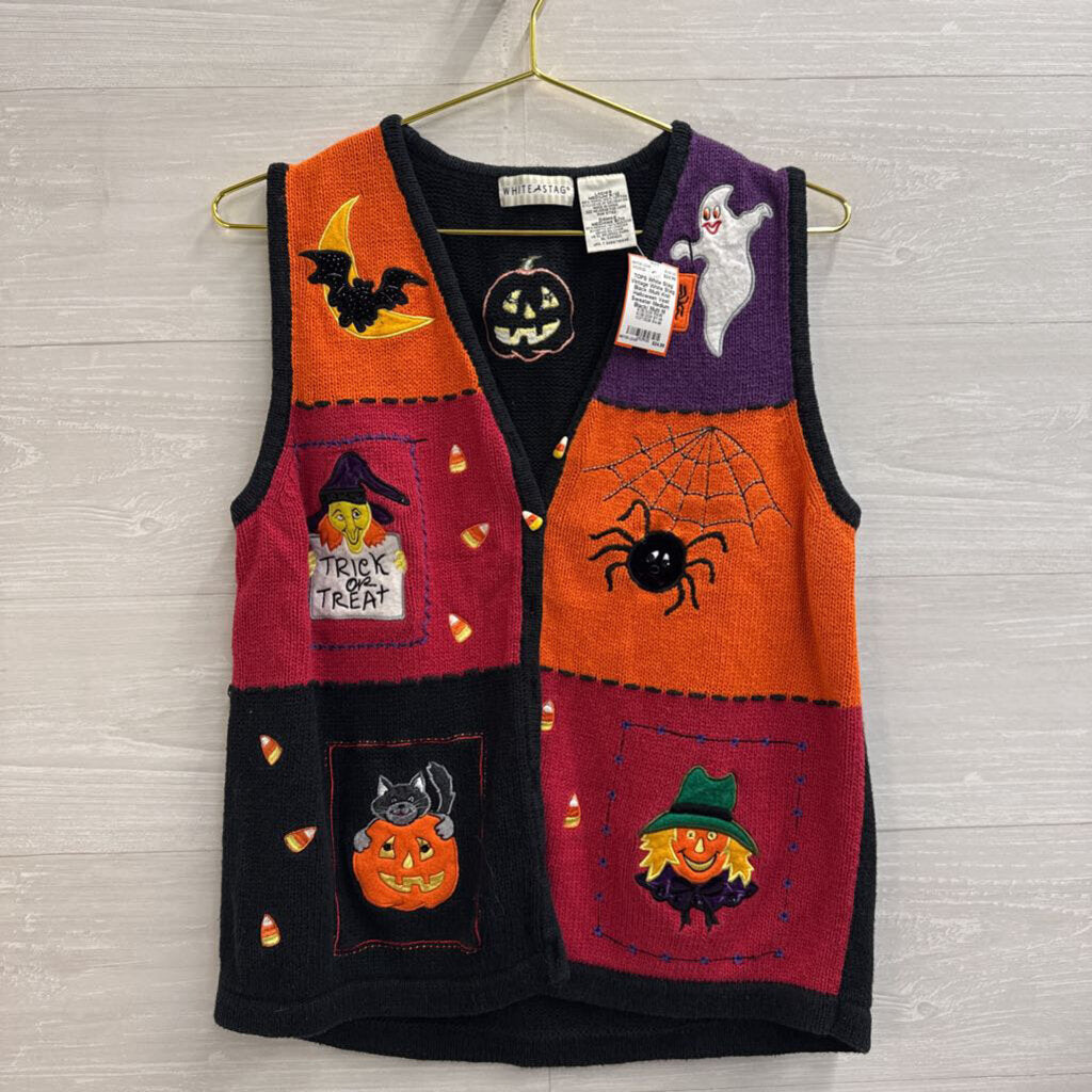 Vintage White Stag Black /Multi Knit Halloween Vest Sweater Medium