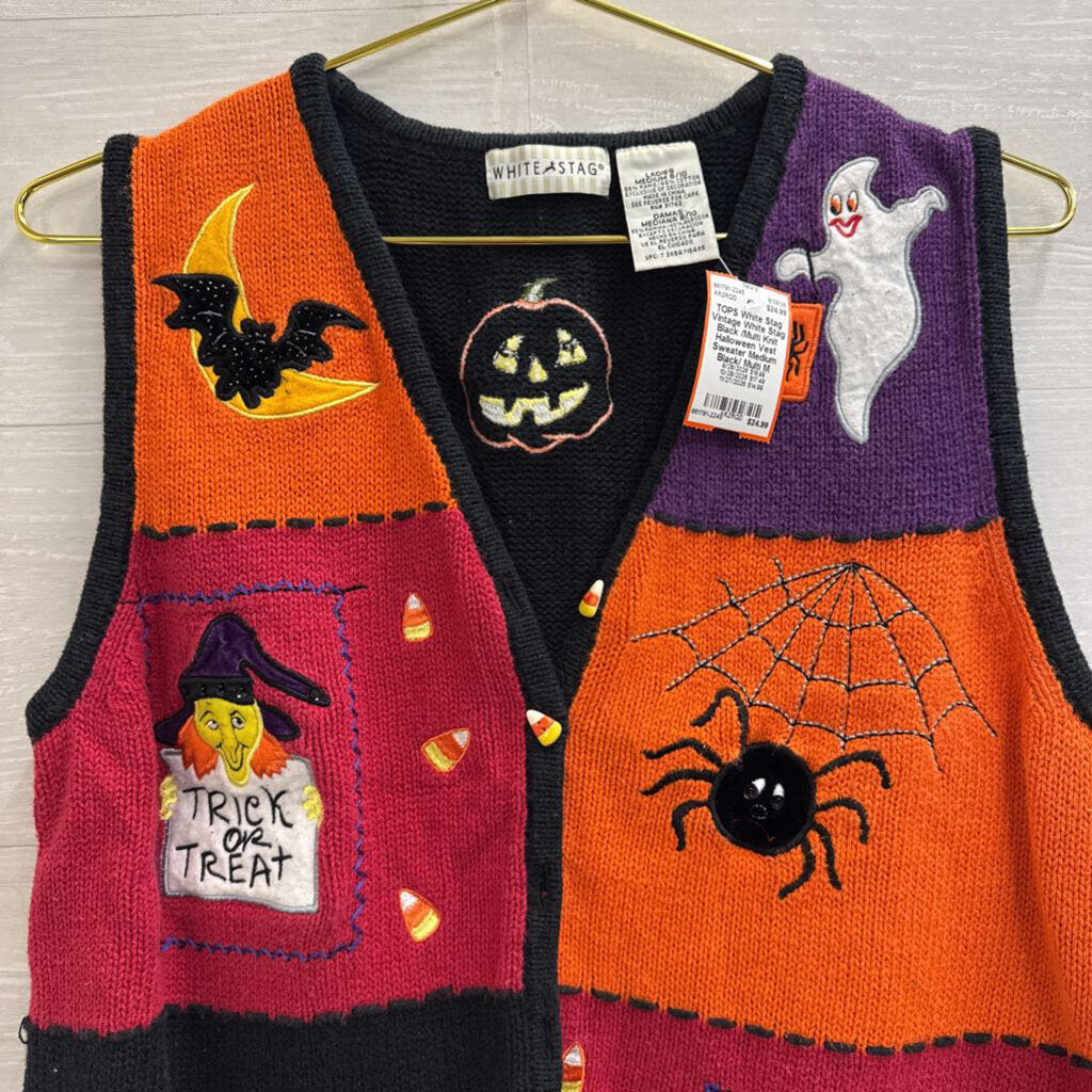 Vintage White Stag Black /Multi Knit Halloween Vest Sweater Medium