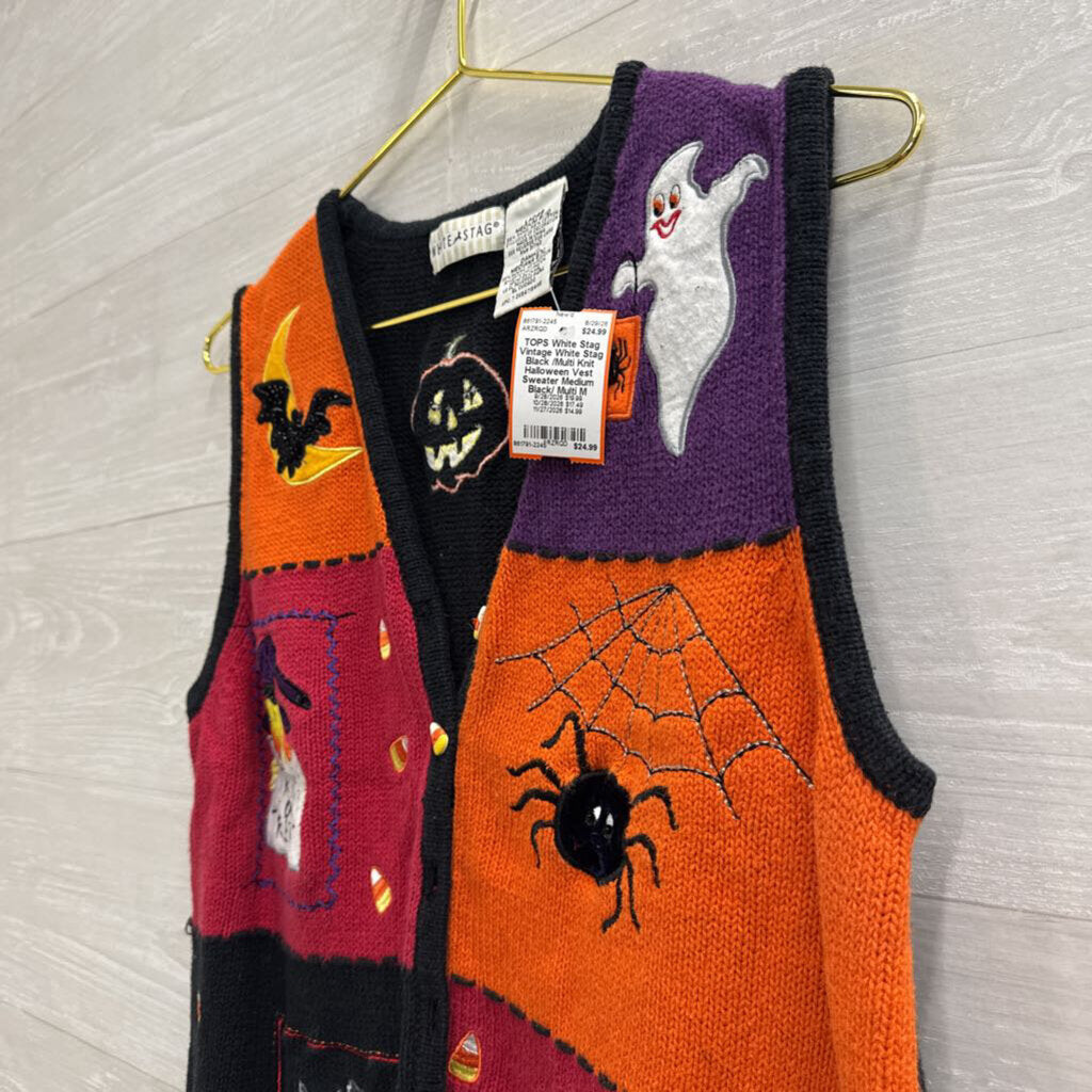 Vintage White Stag Black /Multi Knit Halloween Vest Sweater Medium