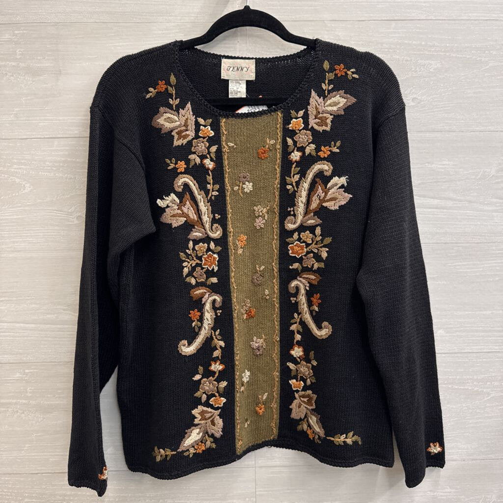 Vintage Jenny Black/ Multi Embroidered Knit Sweater Medium