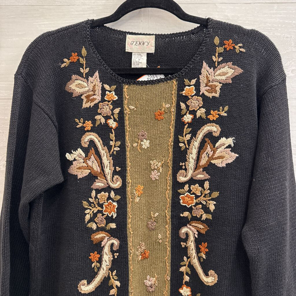 Vintage Jenny Black/ Multi Embroidered Knit Sweater Medium