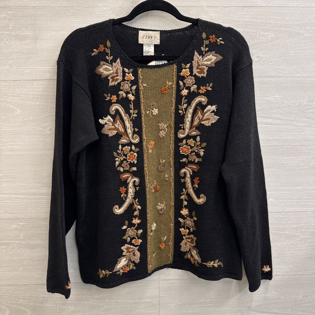 Vintage Jenny Black/ Multi Embroidered Knit Sweater Medium