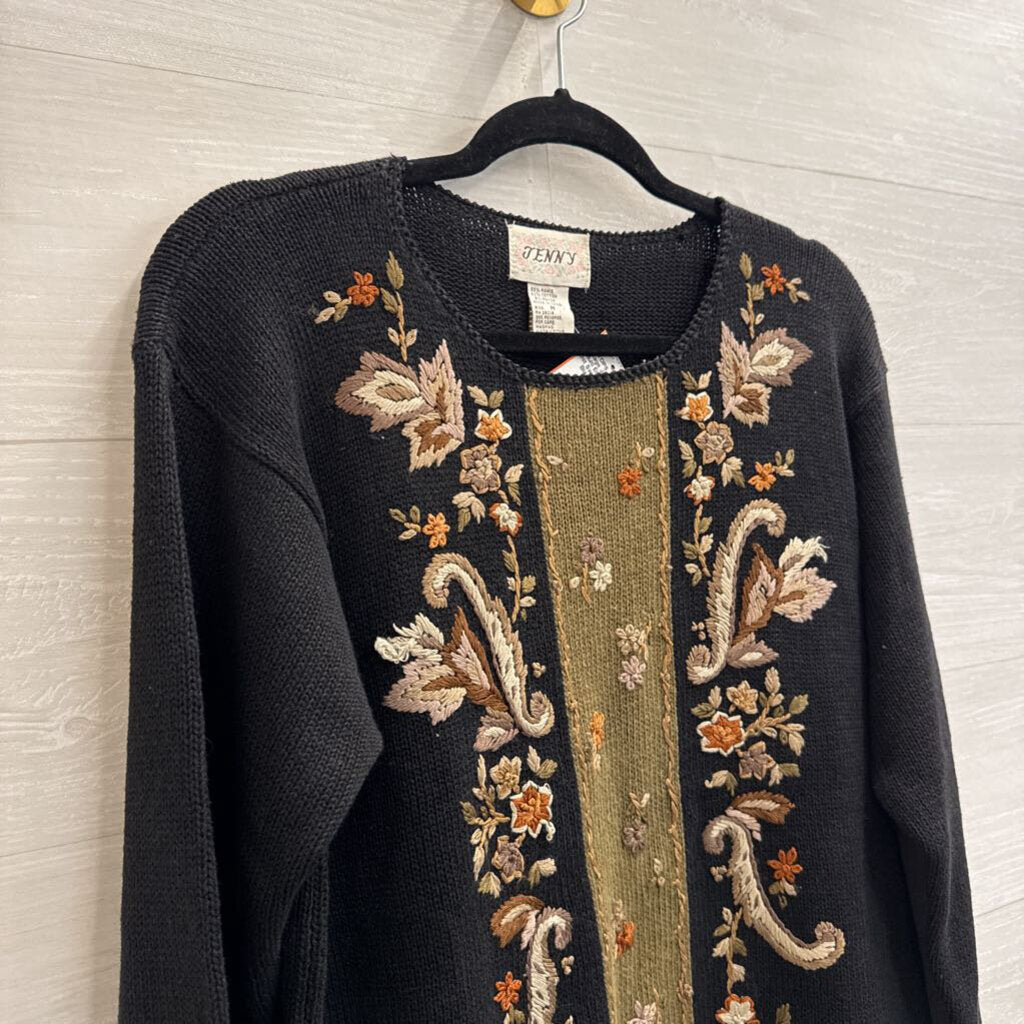 Vintage Jenny Black/ Multi Embroidered Knit Sweater Medium