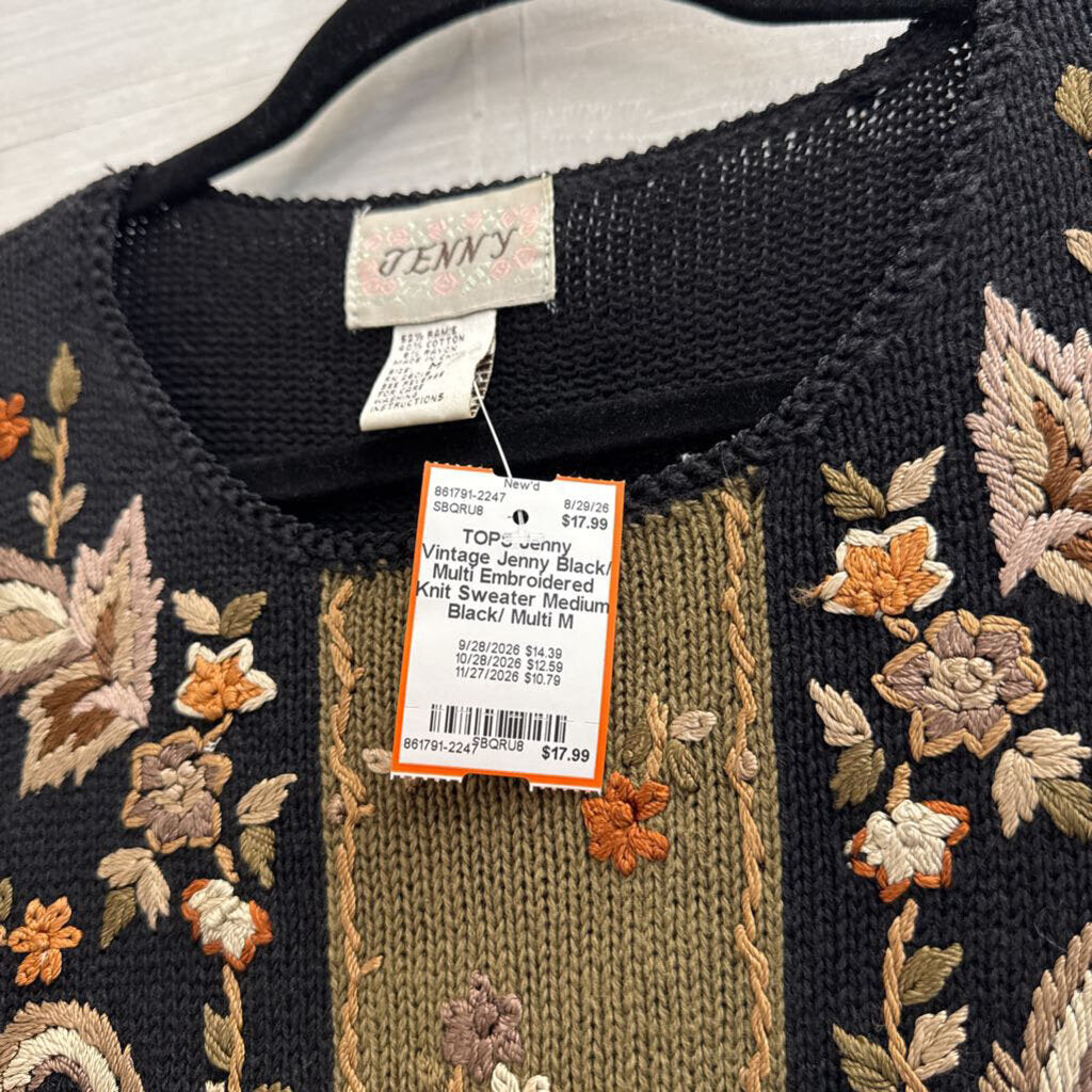 Vintage Jenny Black/ Multi Embroidered Knit Sweater Medium