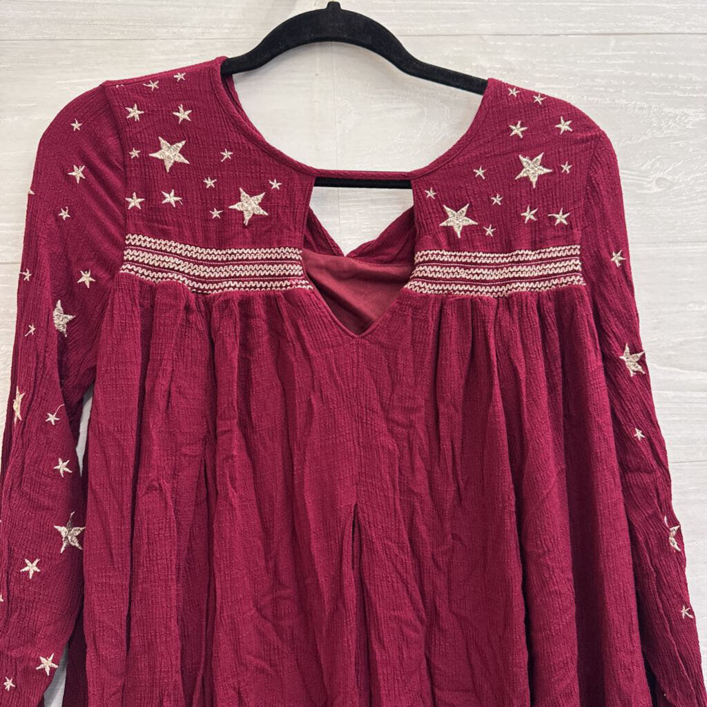 Entro Burgundy/ Gold Embroidered Star Long Sleeve Top Small