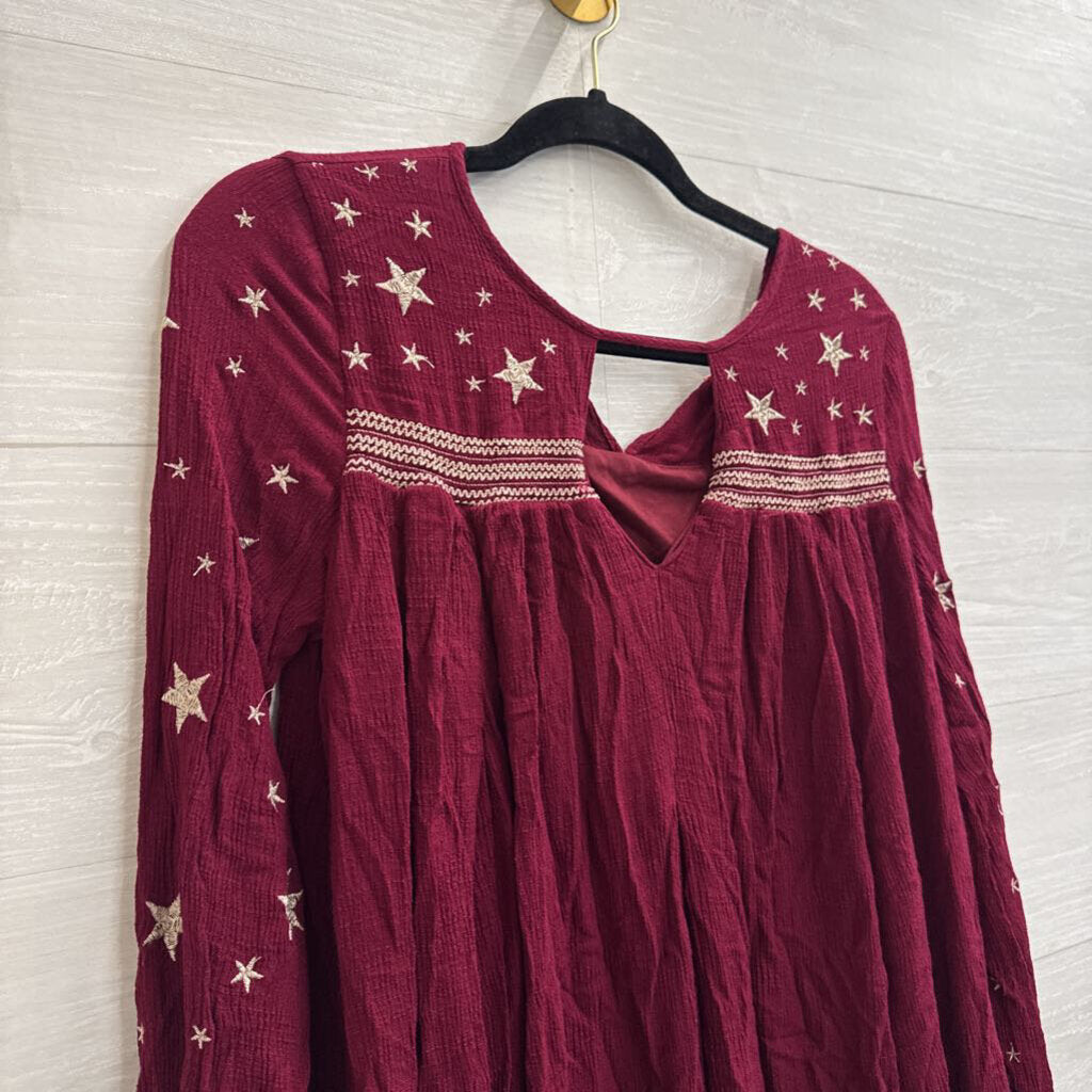 Entro Burgundy/ Gold Embroidered Star Long Sleeve Top Small