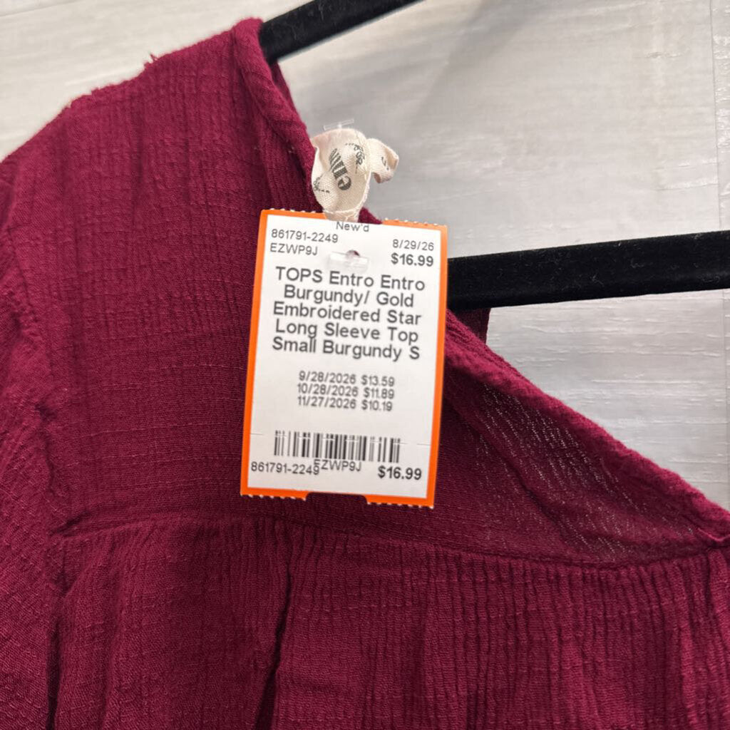 Entro Burgundy/ Gold Embroidered Star Long Sleeve Top Small