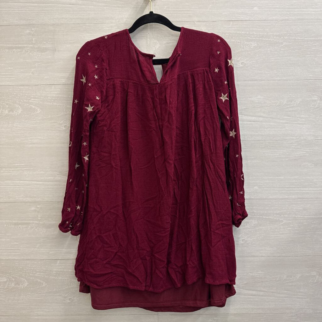 Entro Burgundy/ Gold Embroidered Star Long Sleeve Top Small