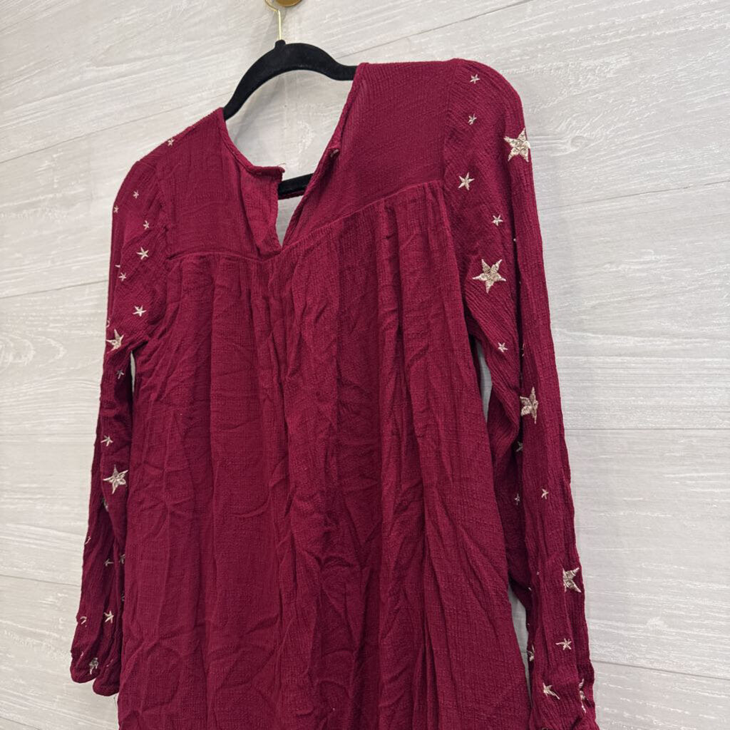 Entro Burgundy/ Gold Embroidered Star Long Sleeve Top Small