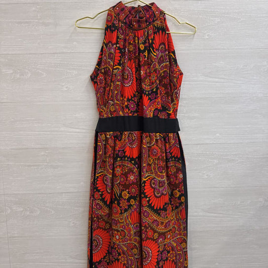 Vintage Red/ Multi Retro Floral Sleeveless Split Side Maxi Dress Small