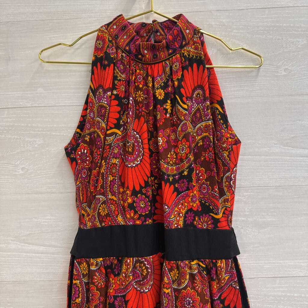 Vintage Red/ Multi Retro Floral Sleeveless Split Side Maxi Dress Small