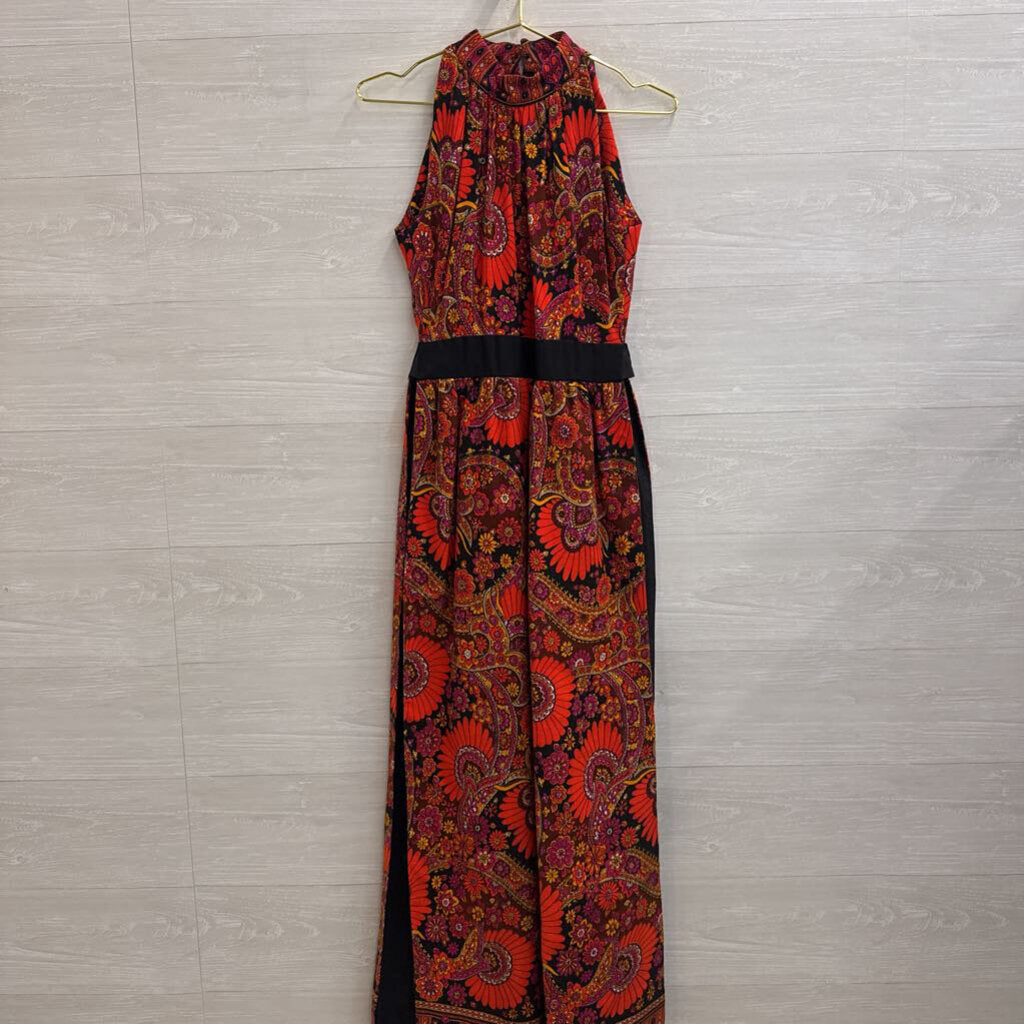 Vintage Red/ Multi Retro Floral Sleeveless Split Side Maxi Dress Small