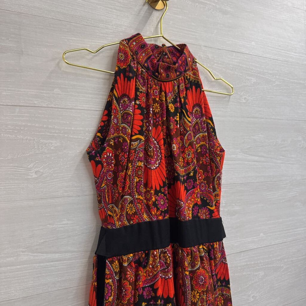 Vintage Red/ Multi Retro Floral Sleeveless Split Side Maxi Dress Small