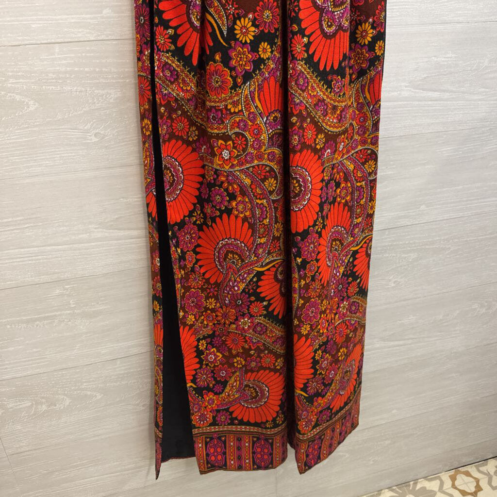 Vintage Red/ Multi Retro Floral Sleeveless Split Side Maxi Dress Small