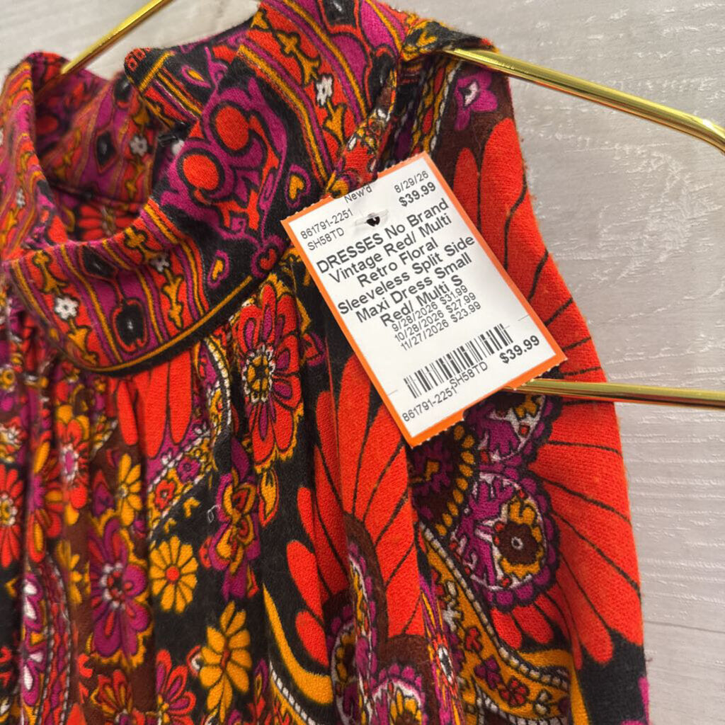 Vintage Red/ Multi Retro Floral Sleeveless Split Side Maxi Dress Small