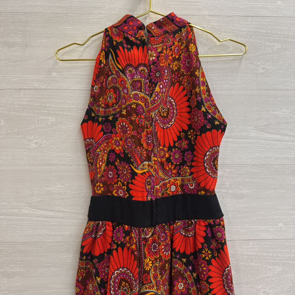 Vintage Red/ Multi Retro Floral Sleeveless Split Side Maxi Dress Small