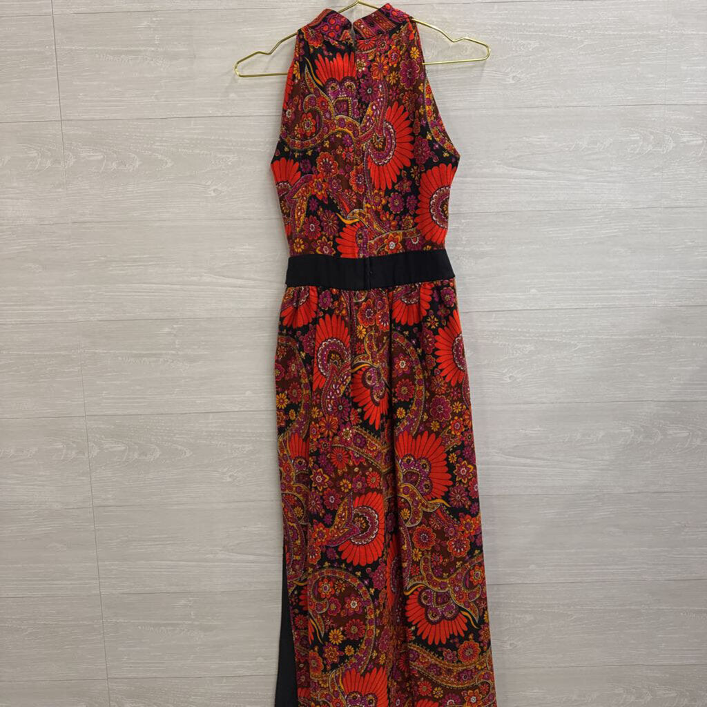Vintage Red/ Multi Retro Floral Sleeveless Split Side Maxi Dress Small