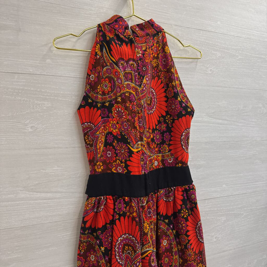 Vintage Red/ Multi Retro Floral Sleeveless Split Side Maxi Dress Small