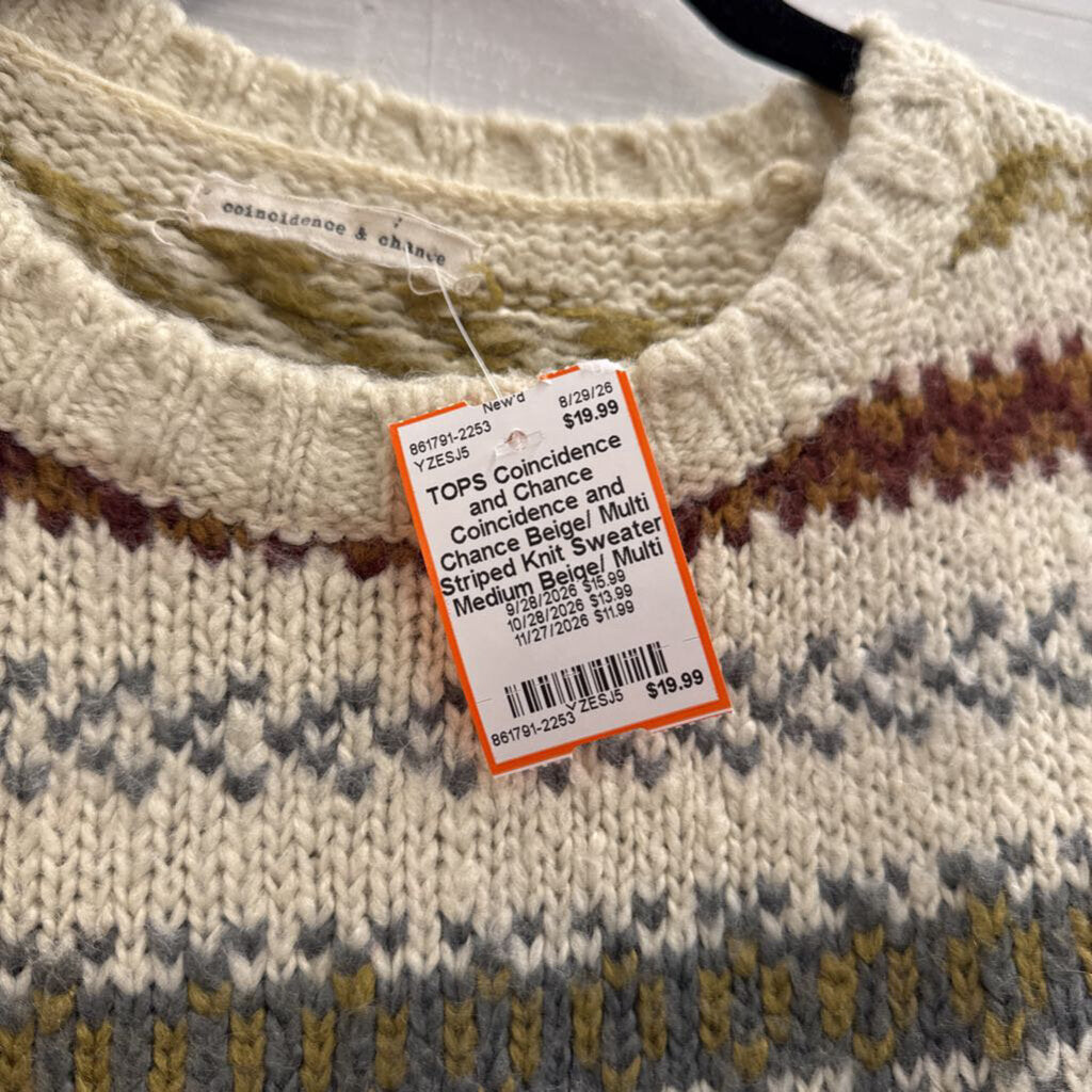Coincidence and Chance Beige/ Multi Striped Knit Sweater Medium