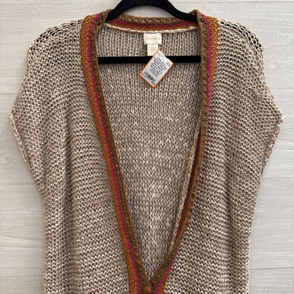 Chicos Brown Knit Metallic Striped Short Sleeve Sweater Top 0