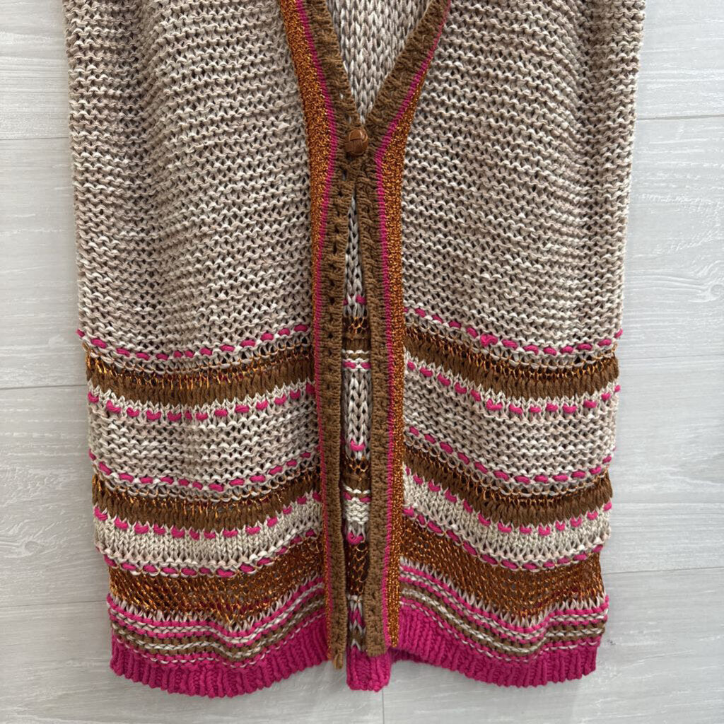 Chicos Brown Knit Metallic Striped Short Sleeve Sweater Top 0