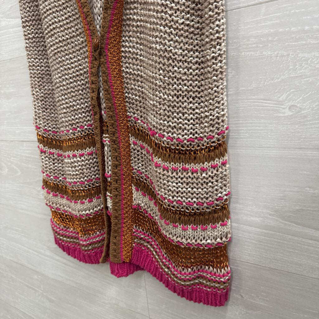 Chicos Brown Knit Metallic Striped Short Sleeve Sweater Top 0