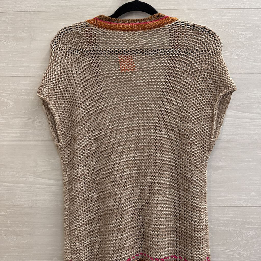 Chicos Brown Knit Metallic Striped Short Sleeve Sweater Top 0