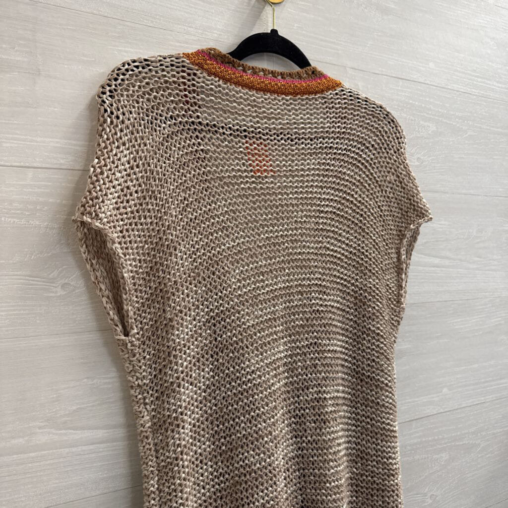 Chicos Brown Knit Metallic Striped Short Sleeve Sweater Top 0