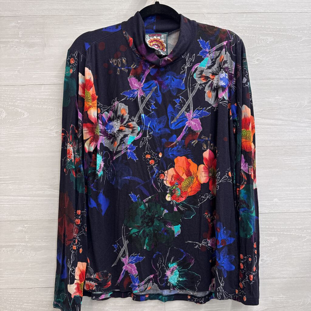 Johnny Was Navy/ Multi Print Long Sleeve Turtleneck Top Large