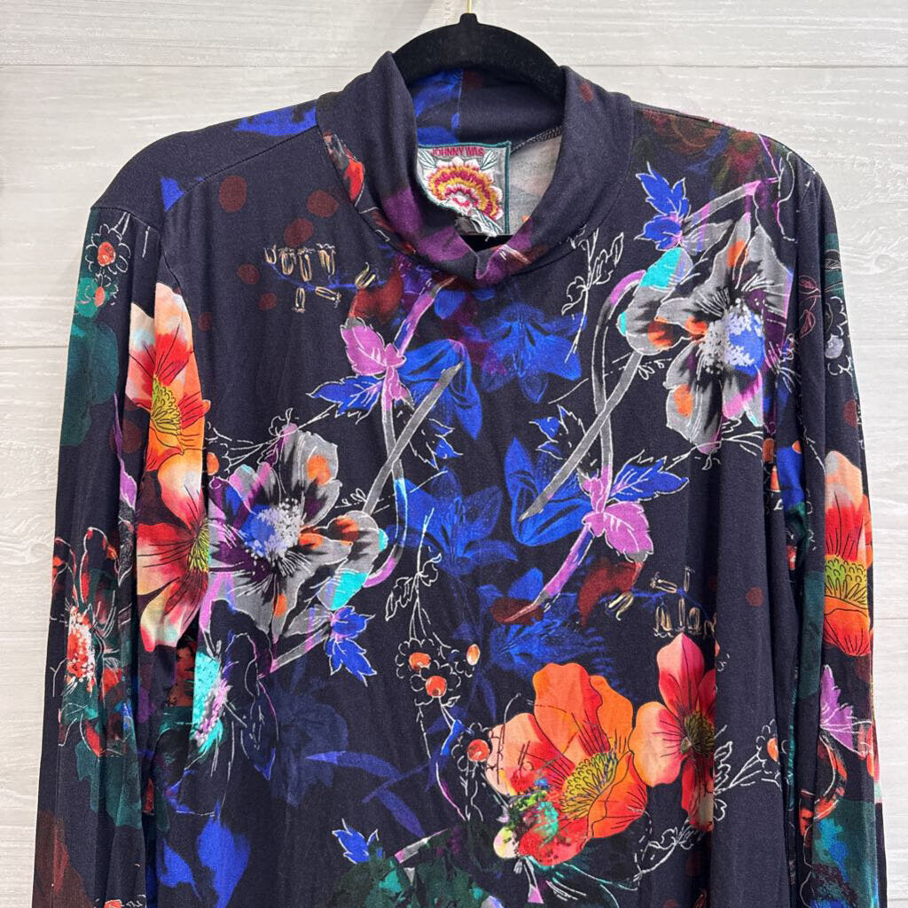 Johnny Was Navy/ Multi Print Long Sleeve Turtleneck Top Large