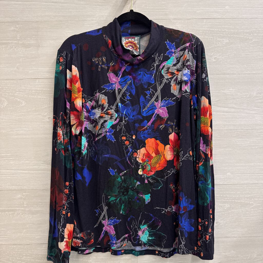 Johnny Was Navy/ Multi Print Long Sleeve Turtleneck Top Large