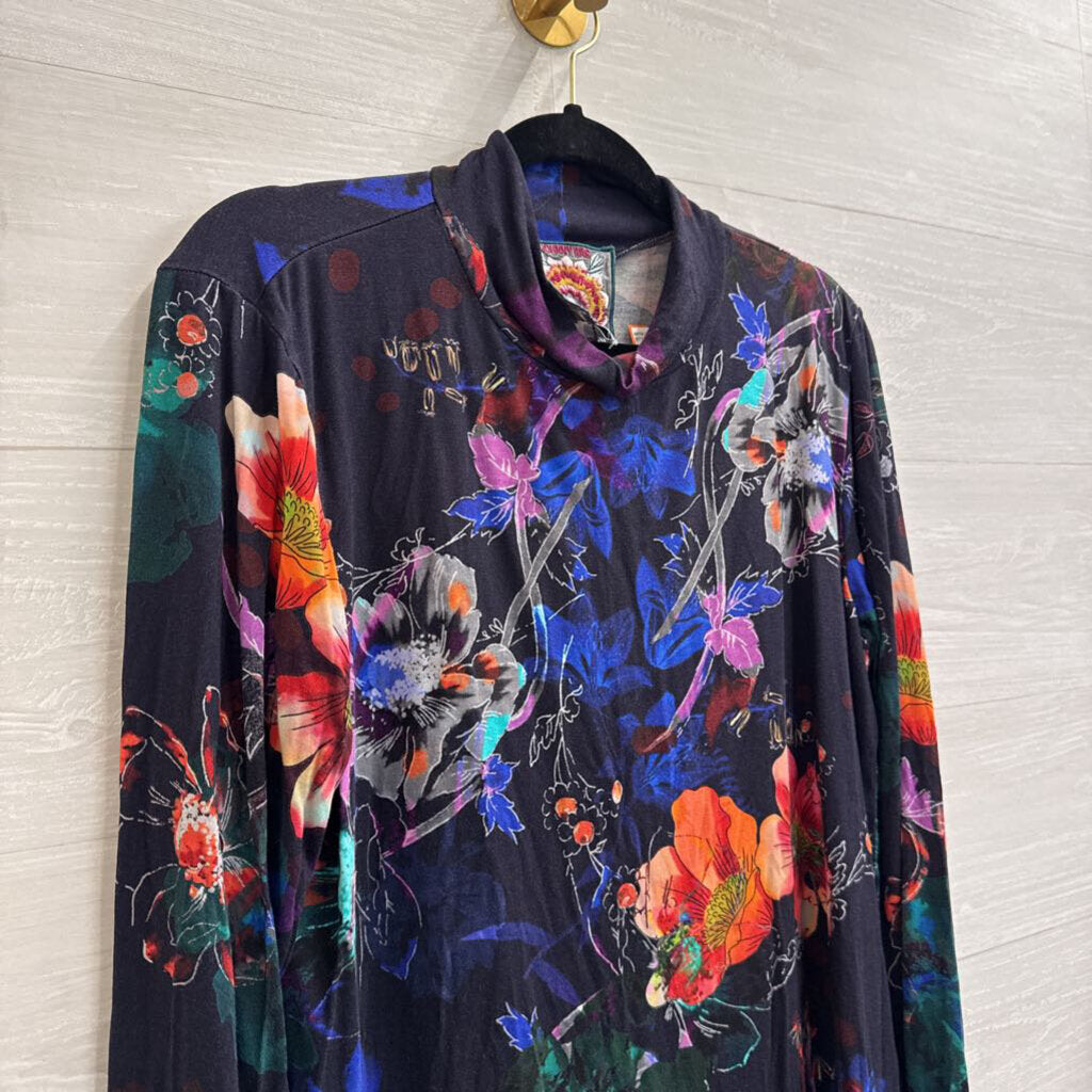 Johnny Was Navy/ Multi Print Long Sleeve Turtleneck Top Large