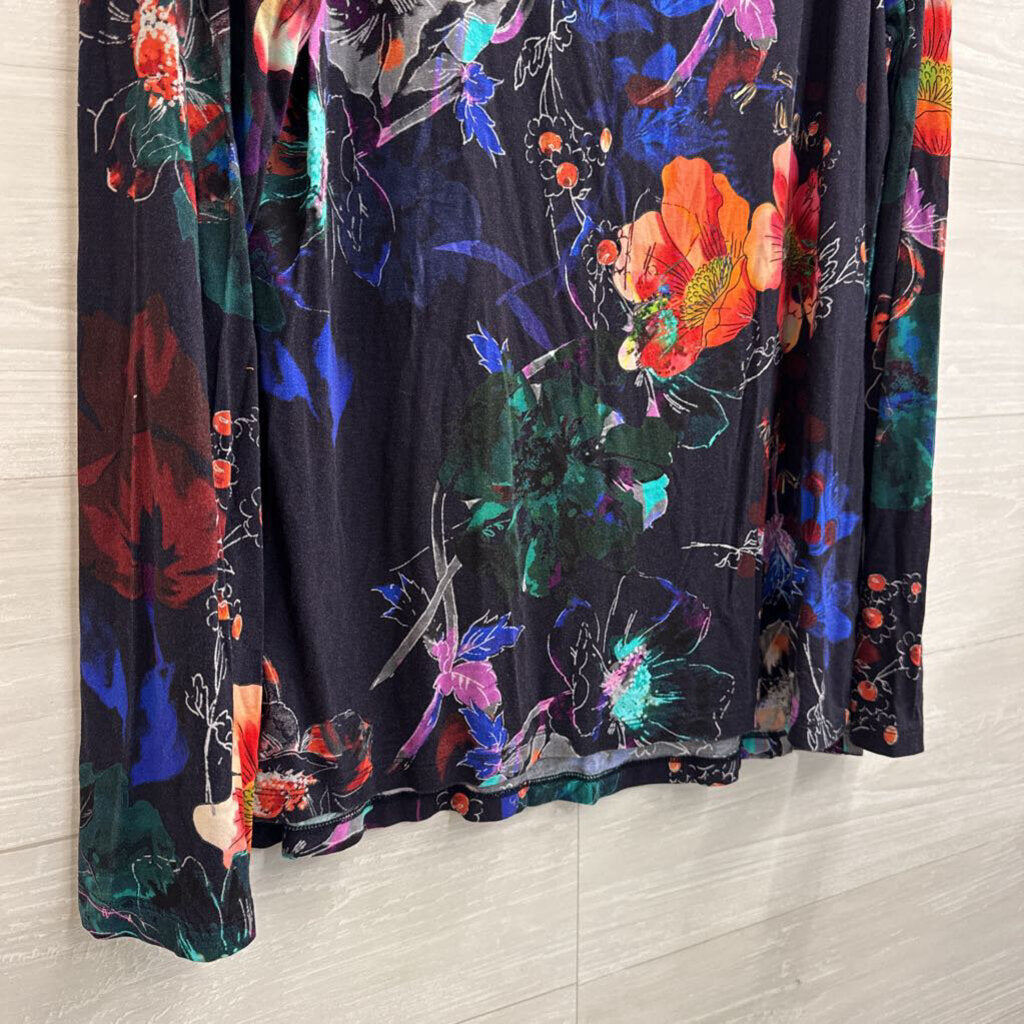 Johnny Was Navy/ Multi Print Long Sleeve Turtleneck Top Large
